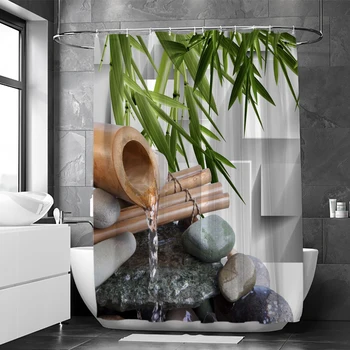 1 шт. струящаяся водонепроницаемая занавеска для душа из листьев бамбука, спокойное украшение ванной комнаты в китайской сельской местности, с 12 пластиковыми крючками