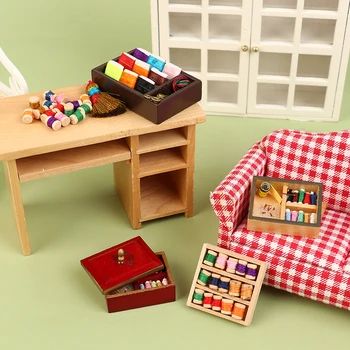 1Set 1:12 Кукольный домик Миниатюрная швейная нить Ретро Коробка для хранения мебели Аксессуары для кукольного дома Декор Дети притворяются игрушками