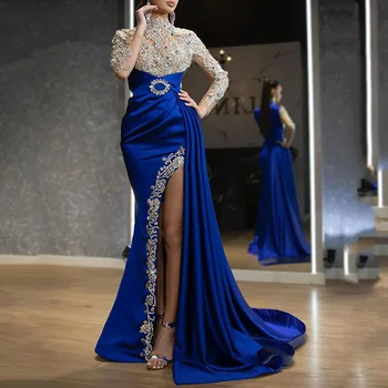 2024 Новое европейское и американское женское платье с синим всплеском золотого сращивания с полувысоким вырезом
