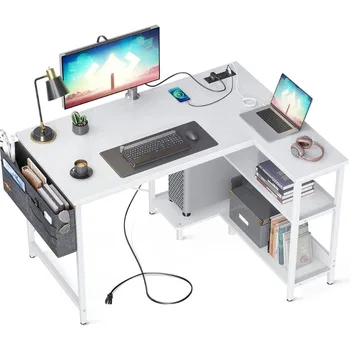 40-дюймовый небольшой L-образный компьютерный стол с розетками, угловой стол с подставкой для ПК и двусторонние полки для хранения для небольшого пространства