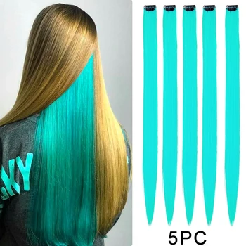 5Packs Цветные волосы для наращивания Прямые радужные шиньоны Основные моменты вечеринки Синтетические 22-дюймовые красочные зажимы для наращивания волос