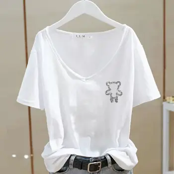 98% хлопок футболки женские свободные топы с коротким рукавом лето 2023 тренд тонкая футболка модная повседневная футболка милый медведь дизайн одежды