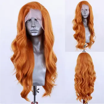  Bombshell Ginger Orange Body Wave Синтетические 13X4 Кружевные передние парики Бесклеевые высококачественные термостойкие волокна для модных женщин