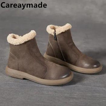 Careaymade-Handmade Короткие сапоги из натуральной кожи, зимние женские теплые с круглым носком и боковой молнией Повседневные мужские одиночные туфли большого размера35-45