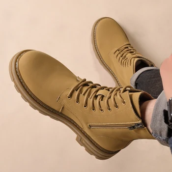 Designer 2023 Натуральная кожа Классические желтые ботинки Mid Top Boots для мужчин Британский стиль Толстая подошва Боковая молния Платформа Высокие сапоги