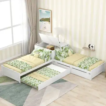 Euroco Wood L-образная двуспальная кровать с выдвижными ящиками и сумкой, квадратный стол для детской спальни, белый