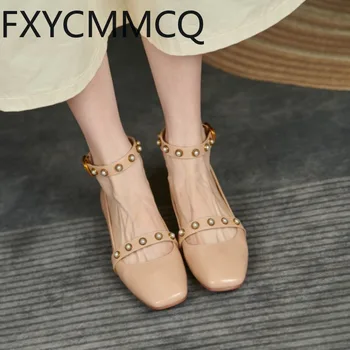 FXYCMMCQ Spring Новая женская обувь на низком каблуке с квадратным носком и металлическим декором Французская женская однотонная одинарная обувь-M9310