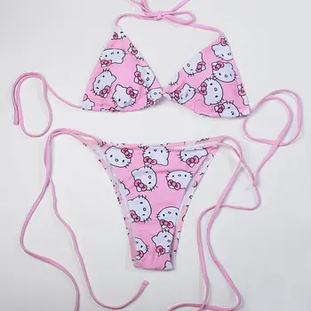 Hello Kitty Милый купальник Новый мультфильм Розовые сладкие купальники для девочек Korea Ins Печатная мода Аниме Маленькая грудь Треугольник Купальник