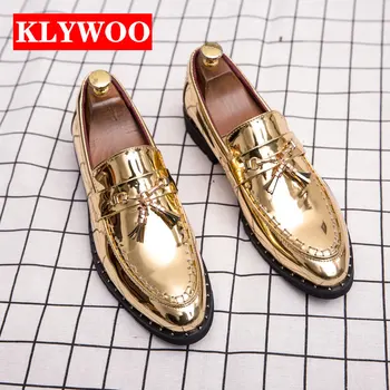 KLYWOO 2023 Кисточки Золотая итальянская кожаная обувь Мужские мокасины Мокасины Повседневная обувь для мужчин Туфли для вечеринок Свадебная вечерняя обувь