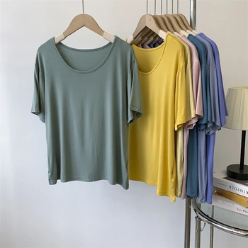 Modal O Neck С коротким рукавом Свободная футболка для женщин Летняя повседневная однотонная пуловерная футболка Lady Soft Basic Tee