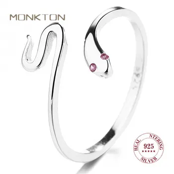 Monkton 925 Стерлинговое серебро Открытые регулируемые кольца для женщин Фиолетовый циркон Ретро текстуры Змея Кольцо Модные ювелирные изделия кольца