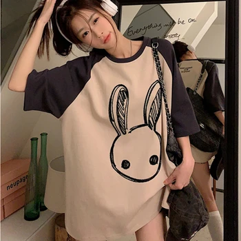 MOYISU Новые женские футболки Мультяшный кролик Полотенце Вышивка Футболка с короткими рукавами Женская Harajuku Пара Свободная уличная одежда Y2k Топы