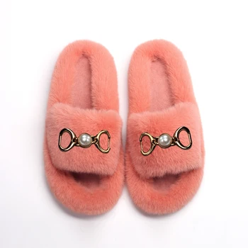 Pearl Bow Decor Пушистые тапочки из искусственного меха для женщин Пушистые слайды Балетки DIY Дизайнерские шлепанцы Зимняя теплая обувь на заказ