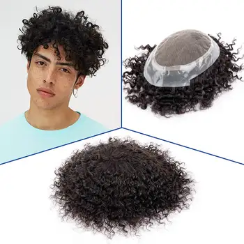 Австралия 10 мм Кудрявый мужской парик Дышащий парик для мужчин Моно и ПУ Мужской парик 100% прочный парик из натуральных человеческих волос