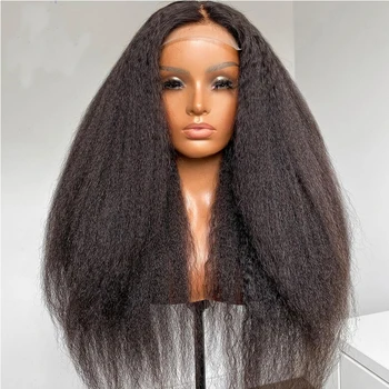 Бесклеевая средняя часть Предварительно выщипанная натуральная черная Yaki 26-дюймовые извращенные прямые мягкие кружевные передние парики для чернокожих женщин с детскими волосами