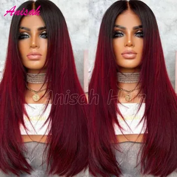  Бесклеевые бразильские парики из человеческих волос Remy Hair Ombre Red для женщин 1B / бордовый красный прозрачный кружевной передний парик