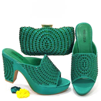  Высококачественная африканская дизайнерская обувь и сумка зеленого цвета, чтобы соответствовать итальянской дизайнерской обуви для вечеринок с подходящим набором сумок