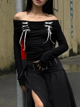 Женская футболка Топы с длинным рукавом и открытыми плечами Контрастный цвет Галстук Slim Fit Clubwear