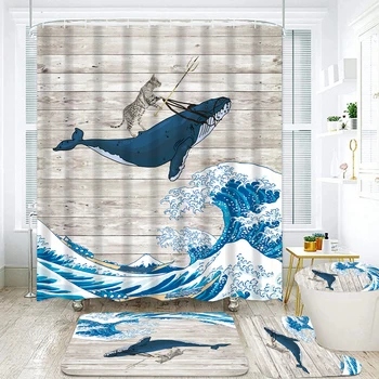 Забавный креативный набор занавесок для душа Dolphin Ride 3D Водонепроницаемый занавес для ванной комнаты Нескользящий коврик Крышка унитаза Коврик Домашний декор