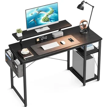 Компьютерный стол с подставкой для монитора и двусторонними 2-ярусными полками для хранения, рабочий кабинетный офисный стол для небольших помещений, черный стол