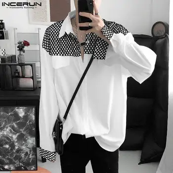 Корейский стиль Новые мужские сетчатые пэчворк с двойными карманами Блузка Повседневная хорошо сидящая рубашка с длинными рукавами с лацканом S-5XL INCERUN Топы 20223