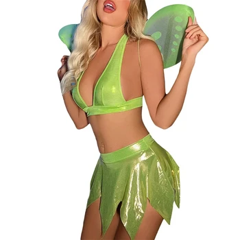 Костюм феи Женщины Зеленый жилет без рукавов Топы и короткая юбка в форме листа с крылом бабочки Косплей Вечеринка Наряд Уличная
