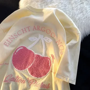 Креативная и простая вишневая хлопковая футболка с короткими рукавами для женщин Оверсайз Лето Новые Ins Свободные Повседневные Универсальная Одежда Для Девочек Топ
