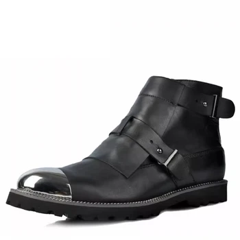 Металлический носок Мужчины Панк Сапоги Натуральная Кожа Человек Кожаные Ботинки Пряжка Мужская Рабочая Обувь