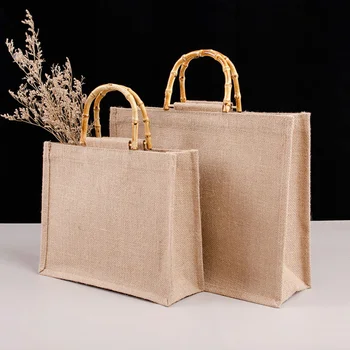 Многоразовая сумка для покупок из мешковины, сумка большой емкости для свадьбы, подарок на день рождения, сумка для продуктов, бамбуковая петля, ручка, пляжная сумка