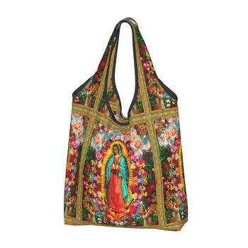  Многоразовые продуктовые сумки Девы Марии Складная сумка для покупок для машинной стирки Большая эко сумка для хранения Прикрепленный чехол