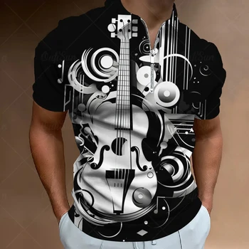 Мода Мужская рубашка-поло на молнии Осень с коротким рукавом Мужские рубашки больших размеров Музыкальный принт Мужской пуловер Верхняя одежда Молния Уличная одежда