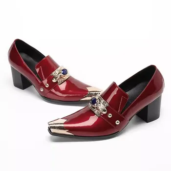Мужская красная лакированная деловая обувь Металлические остроконечные туфли на высоком каблуке Оксфорды Формальные мужские банкетные свадебные туфли Paert