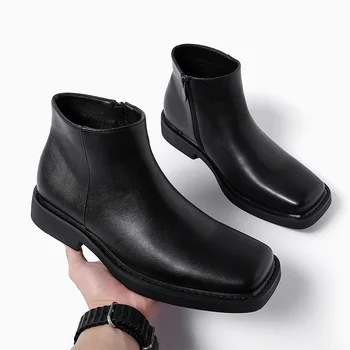 мужская мода оригинальные кожаные сапоги бренд дизайнер обувь с квадратным носком весна осень челси ботинки черный стильный голеностоп botines мужские