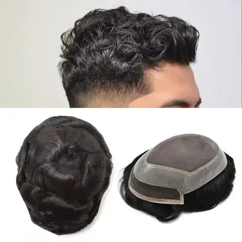 Мужской парик Система замены человеческих волос Прочный тонкий моно кружевной волосяной протез Капиллярные мужские парики