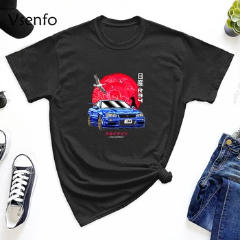 Начальная футболка D Мужчины Аниме Женщины Мужчины Уличная одежда Японцы Nippon JDM Nissan Skyline GTR R34 Футболки Мужская хлопковая футболка