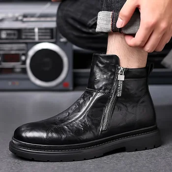 Новый Человек Черные Челси Ботинки Мех Теплый Мужской Повседневный Натуральная Кожаная Обувь Дизайнерское Платье Ботинок Боковая Молния Элегантная деловая обувь