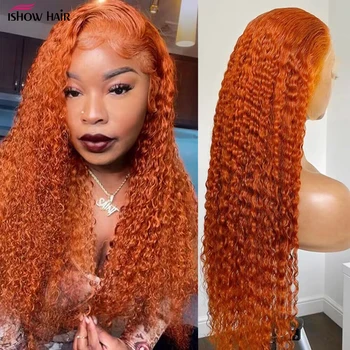 Оранжевый имбирный кружевной передний парик Человеческие волосы 30 дюймов Цветные кудрявые парики из человеческих волос 13x4 HD Прозрачные кружевные фронтальные парики для женщин