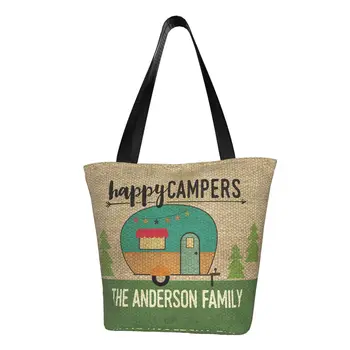 Переработка Happy Campers Сумка для покупок Женская холщовая сумка на плечо Портативная приключенческая фургонная жизнь Продуктовые сумки для покупателей