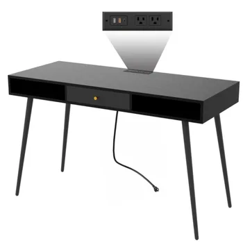 Письменный стол с USB-портами и розеткой, Современный письменный стол с выдвижными ящиками, Многофункциональный компьютерный стол для домашнего офиса Черный