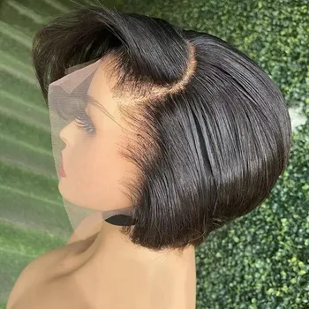 Прямой парик стрижки пикси прозрачный кружевной парик из натуральных волос короткий парик боб с T Part Кружевной парик Prepluck Бразилия Человеческие волосы для женщин