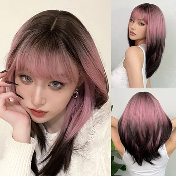 Прямые синтетические парики омбре от розового до черного для косплея Длинный многослойный парик с челкой для женщин Корейские термостойкие натуральные волосы