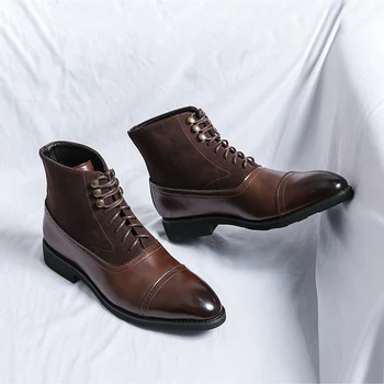  Роскошный бренд Коричневые мужские классические сапоги Удобные деловые ботинки челси для мужчин Кожаные ботинки на шнуровке Мужские остроконечные сапоги Размер 38-46