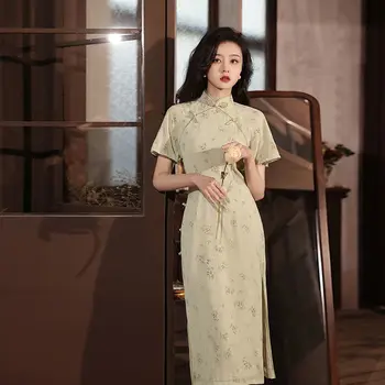 Светло-зеленый Cheongsam Винтаж Свободный рукав Китайское традиционное платье Тонкие женские длинные Qipao S To 2XL