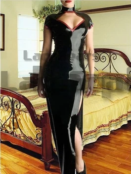 сексуальные женщины Черное латексное платье Резиновое длинное платье Облегающее боди