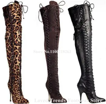 сексуальный леопард коричневый тонкий каблук выше колена сапоги с заостренным носком на шнуровке замша шпилька на шпильке длинные сапоги большой размер каблуки