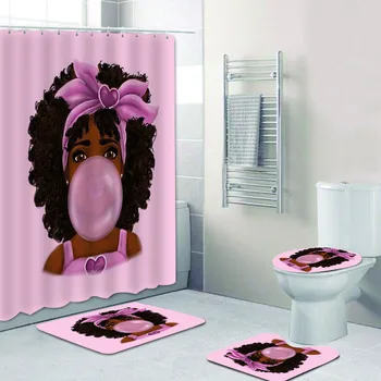 Симпатичная мультяшная черная девушка с жевательной резинкой Занавески для душа Занавеска для ванной комнаты Афроамериканка Афроамериканка Туалетные коврики Коврик Ковер 4 шт. Набор