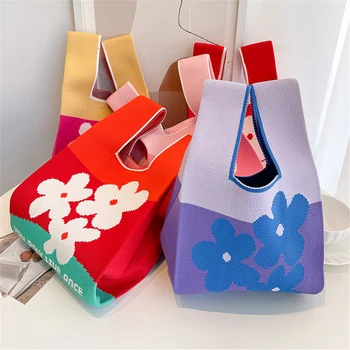 Симпатичные цветочные сумки для покупок Модная сумка для девочек в стиле пэчворк Мини-сумка-тоут Модная вязаная сумка на запястье Повседневная сумка для женщин