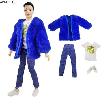 Синий мех 1/6 Кукольная одежда для Кена Мальчик Кукла Наряды Куртка Футболка Джинсовые брюки Обувь Для парня Барби Кен Аксессуары Игрушка