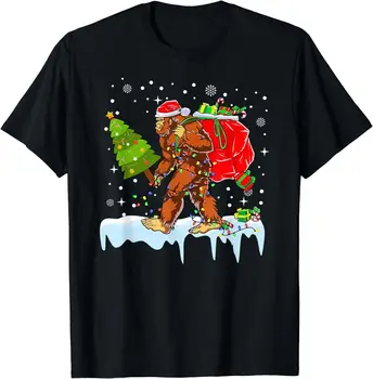 Снежный человек Санта-Клаус Шляпа Рождественская елка Огни Забавная рождественская футболка Sasquatch унисекс