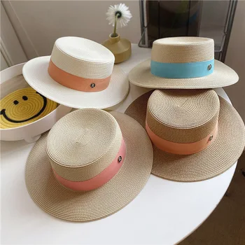 Соломенная шляпа женщины достигли верхних плоских полей R стандартная соломенная шляпа летние путешествия отпуск на берегу моря шляпа от солнца мода элегантная летняя шляпа